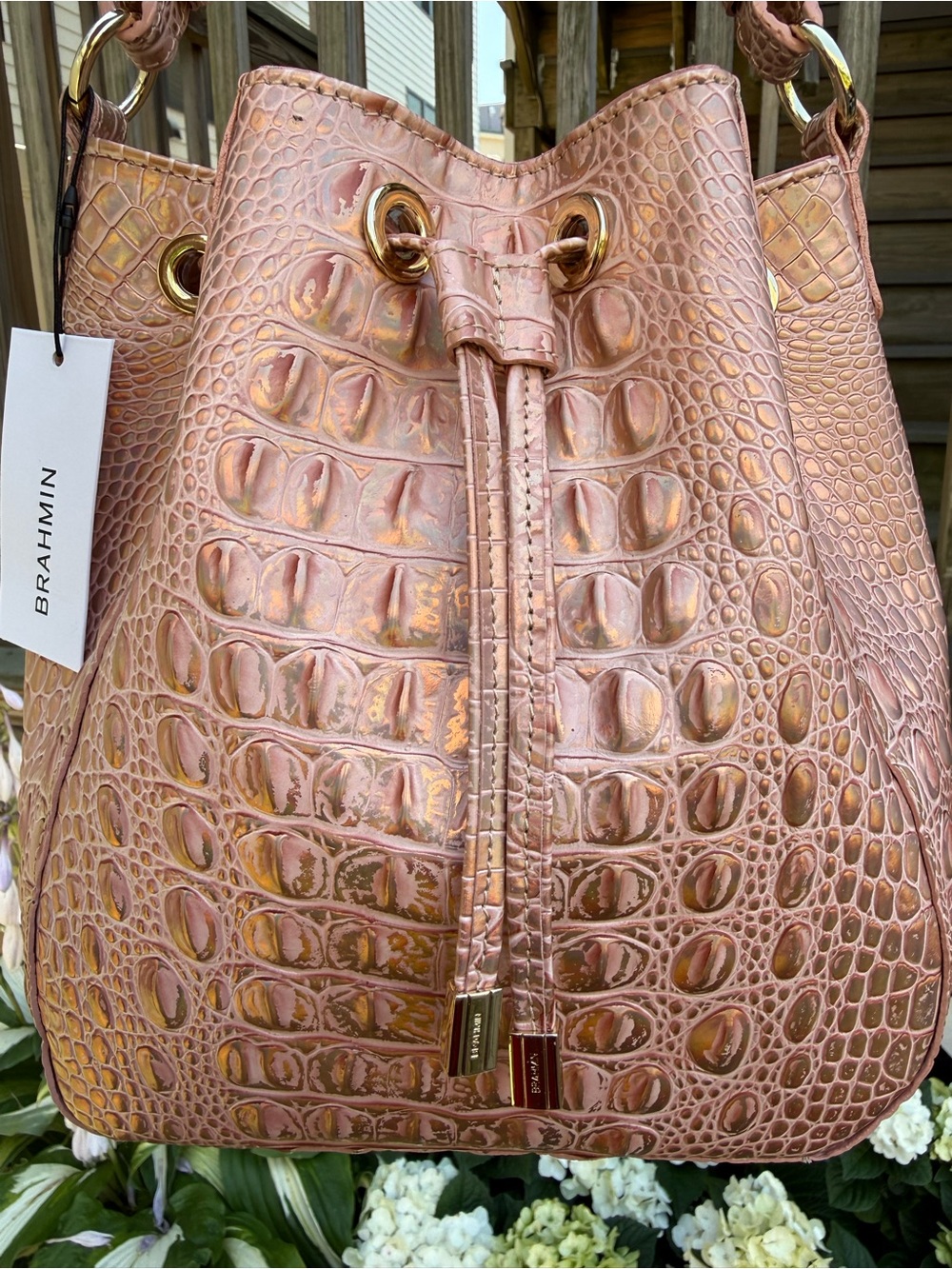 Brahmin Melinda Croc Embossed Rose Gold Melbourne Bucket Shoulder Crossbody Bag - Picture 11 of 12